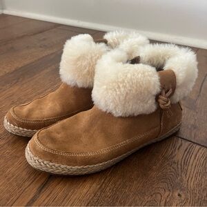 UGG Elowen Moccasin Booties Zip Flat Ankle Boots Chestnut Suede Fur Trim 7.5